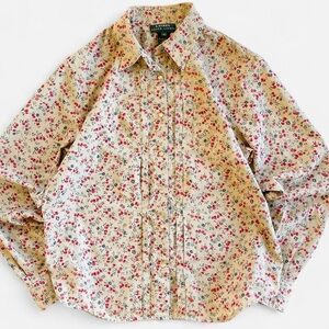 Vintage Lauren Ralph Lauren Tan Floral Print Pearl Snap Button Down Shirt M